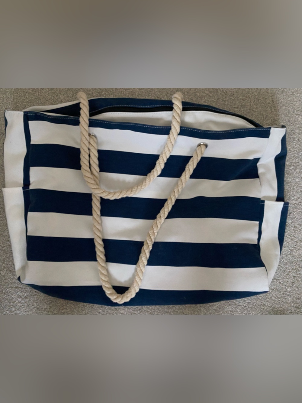 Navy and White Striped Rope-Handle Tote